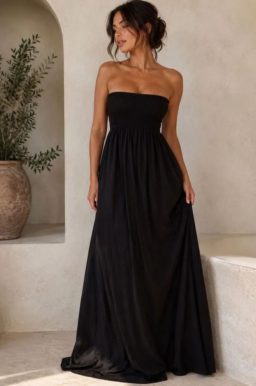 H&M Black Strapless Smocked Maxi Dress Flowy Viscose Size M Boho Summer